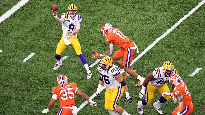 LSU quarterback Joe Burrow (No. 9) throws against the Clemson Tigers during the College Football Playoff National Championship held at the Mercedes-Benz Superdome Jan. 13, 2020 in New Orleans. 