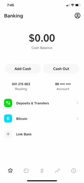 The main banking screen on Cash App
