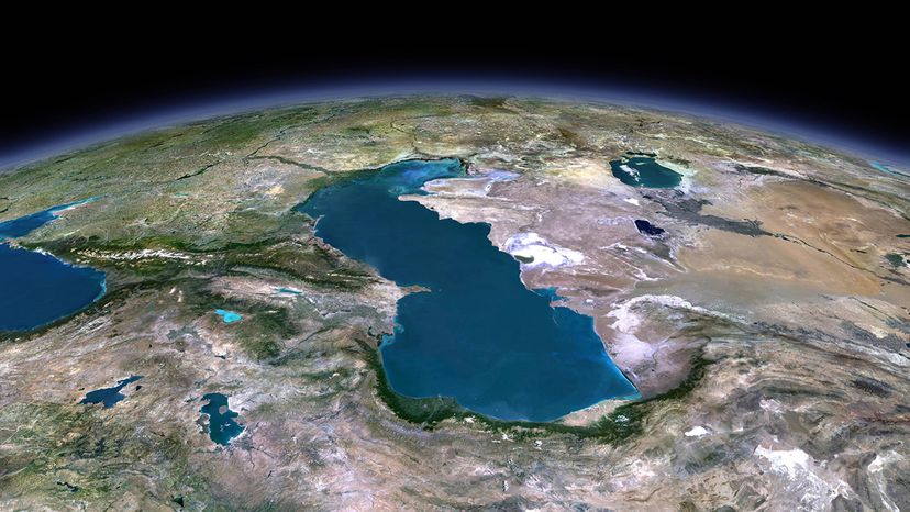 A 3-D satellite image of the Caspian Sea shows its placement between Iran, Kazakhstan, Turkmenistan, Azerbaijan and Russia. Planet Observer/UIG/Getty Images