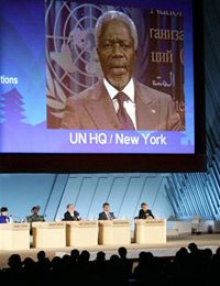 U.N. Secretary-General Kofi Annan marking the Kyoto Protocol's entry into force in February 2005.