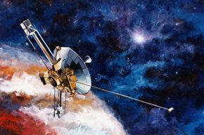 艺术家对1973年发射的美国太空探测器先锋10号的渲染。如果它到达另一个星系并被其他智能生物发现，它会携带一块由卡尔·萨根设计的铭牌，以确定地球上的人类是它的来源。＂border=