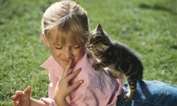 Girl (4-7) lying on grass with cat on back