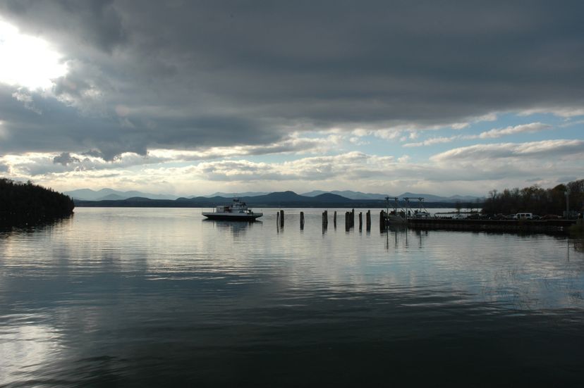 The Lake Champlain Ferry as it pulls into the dock on the Vermont side.