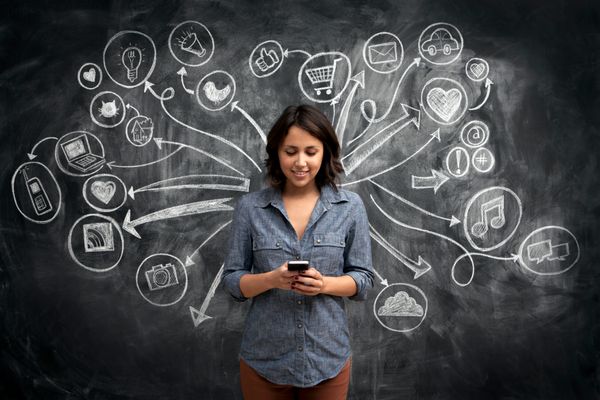 A woman on her smartphone is surrounded by images of items.