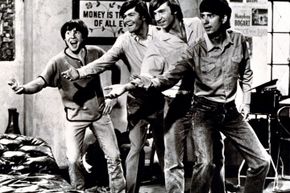 From left to right, Davy Jones, Micky Dolenz, Peter Tork and Mike Nesmith of The Monkees during the filming of their TV show.