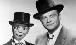 Headshot of American ventriloquist Edgar Bergen with his dummy Charlie McCarthy.