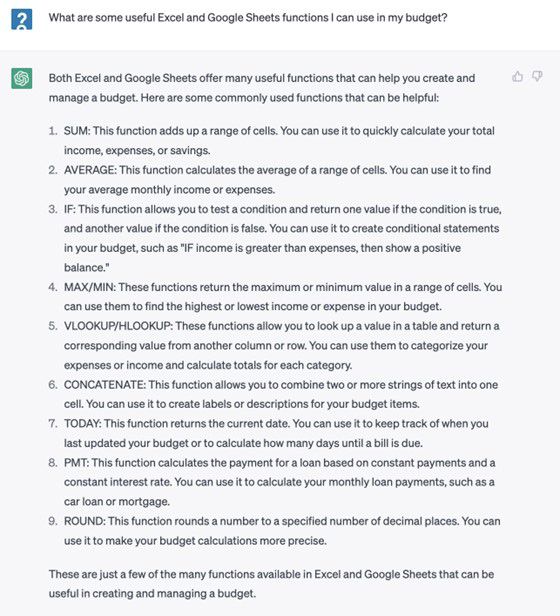 ChatGPT/Excel recommendations