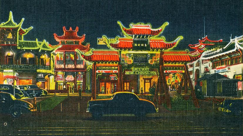 A detail from a 1945 postcard depicts the New Chinatown neighborhood in Los Angeles, California. Smith Collection/Gado/Getty Images