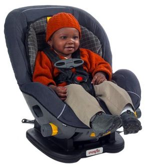 The safest place for your child is in a properly fitted child car seat. The seat pictured here is an Evenflo Triumph with LATCH system; featuring a 5-point harness.