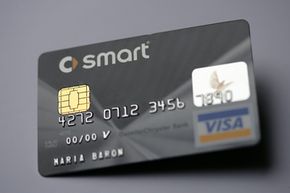 A German credit card displays a computer chip rather than a magnetic stripe. Chip and PIN cards like this will become the norm in the U.S.A.