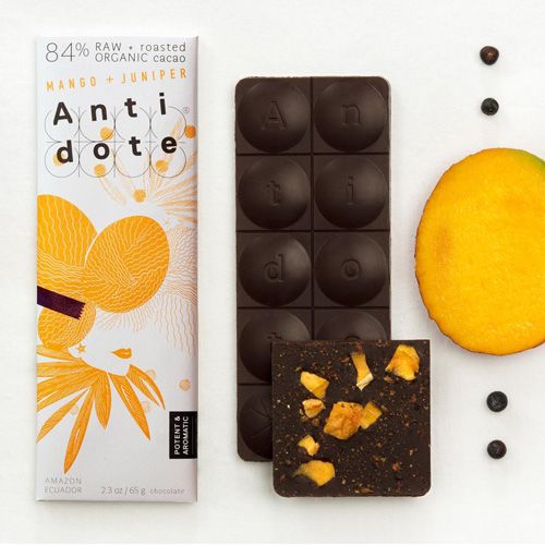 mango and juniper berry-flavored chocolate bar