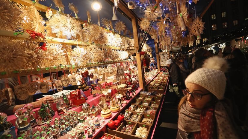 Vendors sell Christmas ornaments at the annual Christmas Market in Marienplatz.