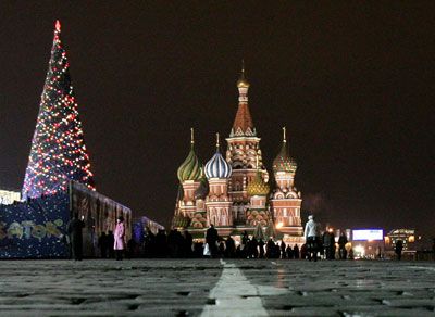 The St. Basil Cathedral in Moscow, with decorated Christmas tree, on Dec. 13, 2006 
