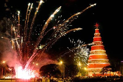 Fireworks explode around Sao Paulo's Christmas tree during the official lighting ceremony at Ibirapuera park in Sao Paulo, Brazil in December 2004.