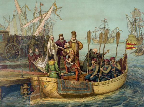 Christopher Columbus leaves Isabella of Castile and Ferdinand II of Aragon to sail to the New World.