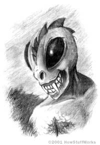 Black and White Sketch of a Chupacabra Face with Fangs