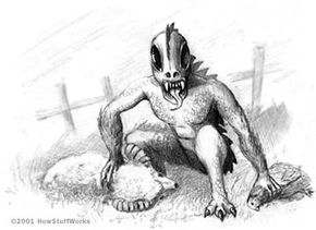 Black and White Sketch of a Chupacabra Eating Livestock