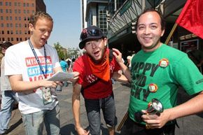 Matt Britten, a citizen journalist for MySpace, conducts interviews during the 2008 Democratic National Convention in Denver, Colo.   