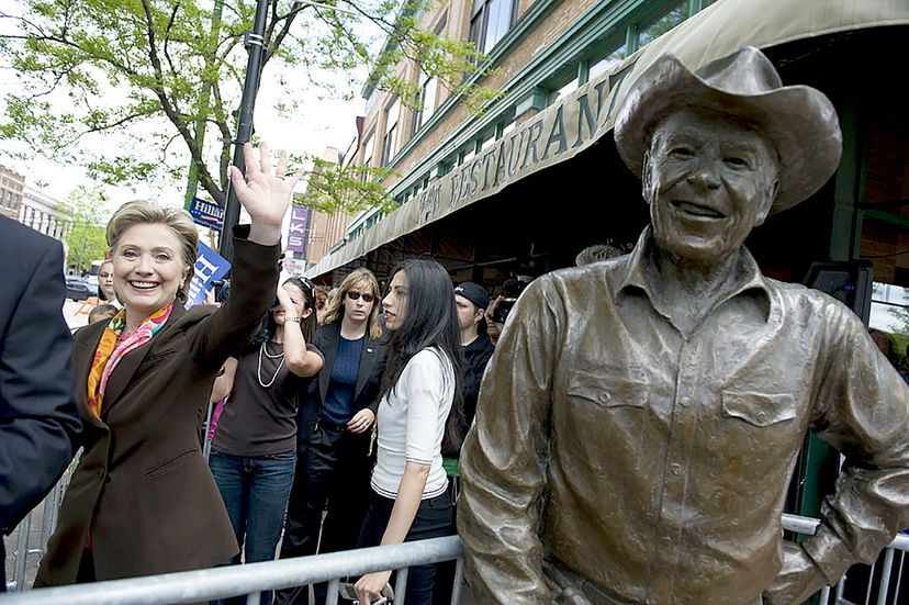 hillary clinton near statue of ronald reagan