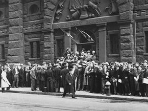 Young men showed up in droves to sign up for the CCC. Here, they're seen lining up outside an Army building in New York City for a chance to join.