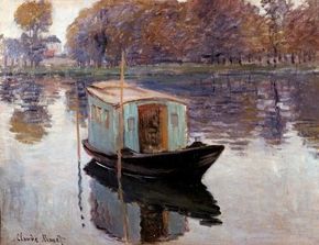 Claude Monet's The Studio Boat (19-5/8 x 25-1/4 inches) is an oil on canvas housed at the Kroller- Muller Museum in Otterlo, Netherlands.