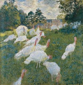 Claude Monet's Turkeys (67-3/4x68-7/8 inches) is an oil on canvas housed at the Musee d'Orsay in Paris.