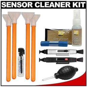 A sample sensor cleaner kit available on Amazon for $32.95. It comes with lens cleaner, microfiber and cleaning cloths, a blower, two lens pens, four swabs and some liquid cleaner. This one is designed for several different Nikon models.