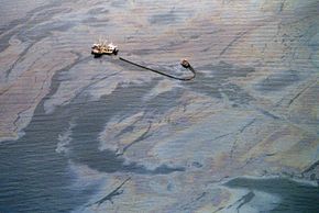 A crew attempts to skim oil from the surface of the waters of Prince William Sound following the 1989 Exxon Valdez wreck. See more Alaska pictures.