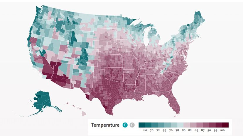 Climate Impact Lab's interactive data map shows county-by-county predictions through the year 2099; the above image shows average summer temperatures predicted by the end of this century. Climate Impact Lab/Screenshot by HowStuffWorks