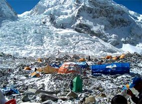 Base Camp with the Khumbu Icefall in the background.