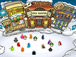 Club Penguin users socialize on one of world's busy main streets.