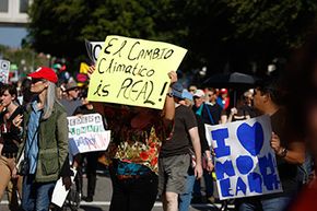 A sign written in Spanglish declares that climate change is real at the 'Forward on Climate' rally held on Feb. 17, 2013 in Los Angeles.