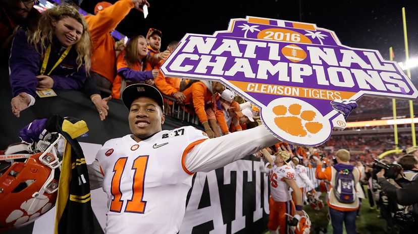 Isaiah Simmons of the Clemson Tigers celebrates after defeating Alabama to win the 2017 College Football Playoff National Championship Game on Jan. 9, 2017 in Tampa, Florida. Clemson is ranked No. 1 and may have a chance to defend its title.