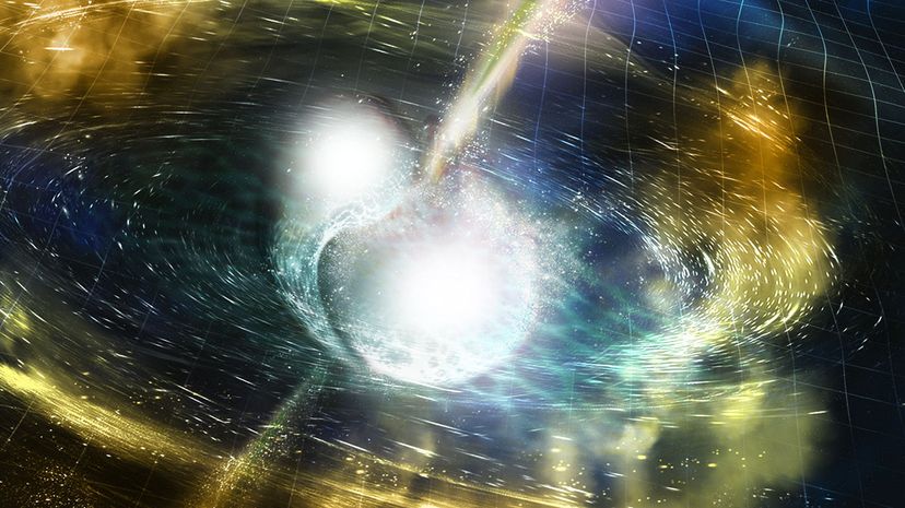 Illustration of gravitational waves and electromagnetic emissions from a neutron star merger