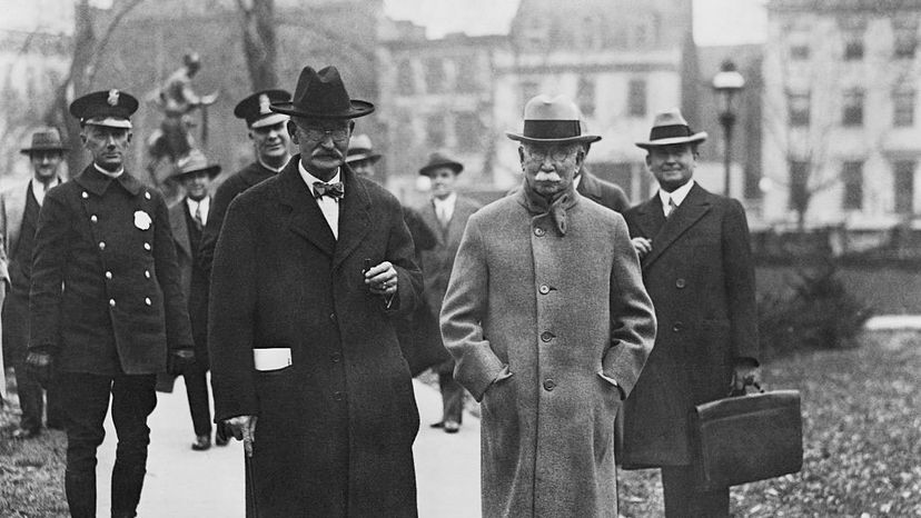 U.S. Secretary of the Interior Albert Fall (R) and American oil magnate Edward Doheny travel to the courthouse, during the Teapot Dome scandal. Fall later went to prison. Bettmann/Getty Images
