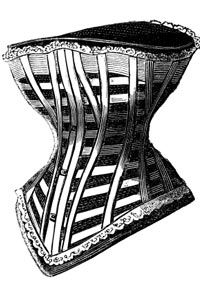 This illustration of a Victorian-era corset shows the boned structure and the busk closure at the front of the garment.