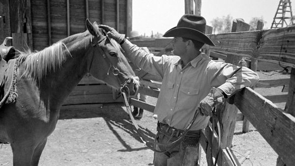 Men ranching on horseback at outdoor farm.