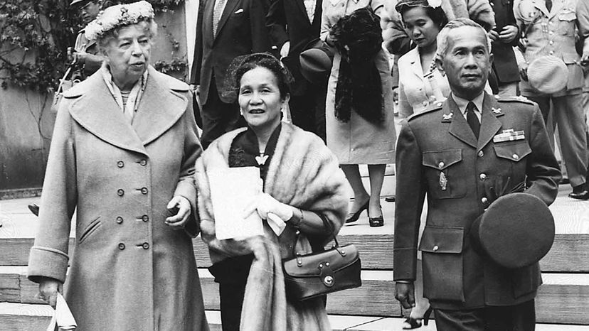 Field Marshal Phibun (right) is behind the name change from Siam to Thailand. Here he's seen with his wife La-iad Bhandhukravi (center) and Eleanor Roosevelt in 1955.