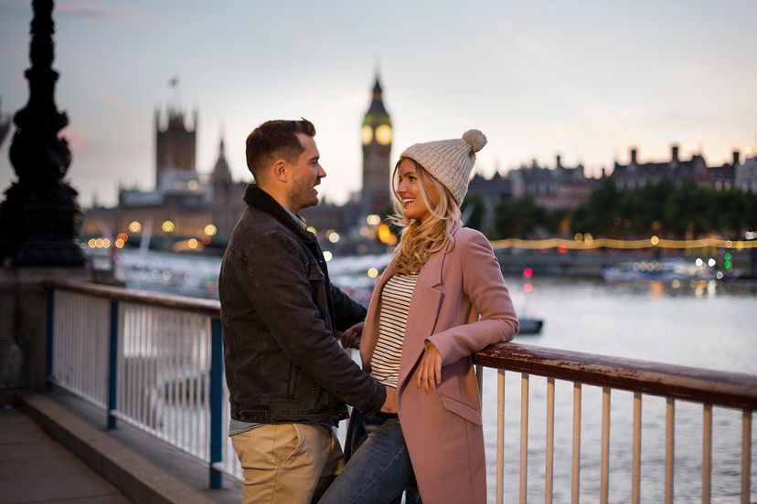 Couple on the Southbank of the Thames with the Houses of Parliament in the background