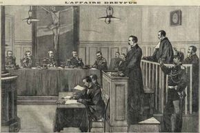 Engraving from a French newspaper shows the trial of Colonel Esterhazy during the Dreyfus Affair of 1898.