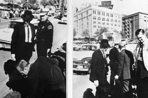 In 1963 D.A. Jim Garrison released pictures that he said proved a conspiracy in Pres. John Kennedy's assassination.  They showed a federal agent picking up a .45 caliber bullet (L) and clenching it in his fist (R) as he turns his head and walks away.