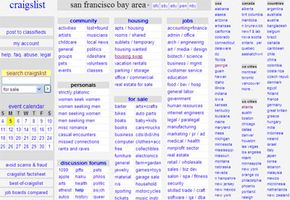 The craigslist welcome page displays the different search categories and communities.