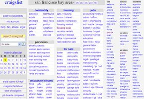 craigslist欢迎页面显示了不同的搜索类别和社区。＂border=