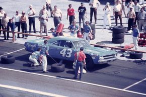 Richard Petty drove this Plymouth Road Runner after crashing his Superbird in practice, only to wreck the Road Runner, too.