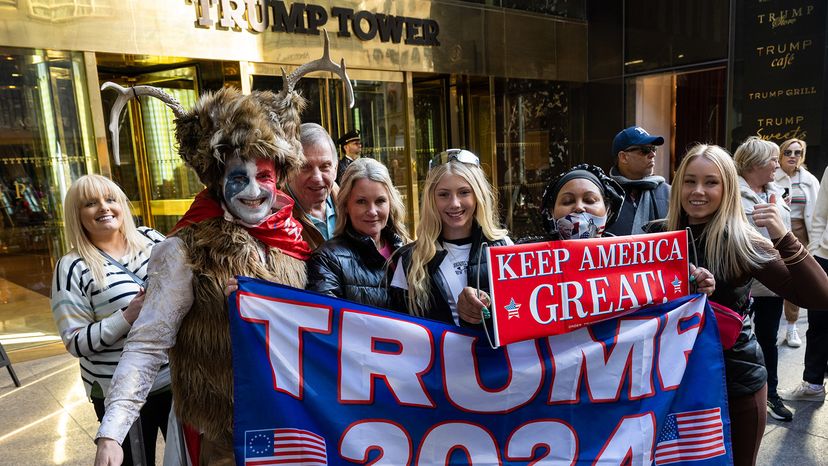 Supporters of former President Donald J. Trump
pose with a demonstrator who identifies himself as Steven Daniel Wolverton
dressed like the Q-Anon Shaman outside Trump Tower on March 21, 2023 in New
York City. They were awaiting the grand jury verdict.
