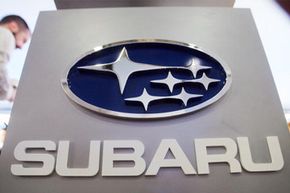 The Subaru logo is displayed at the New York International Auto Show in New York City.