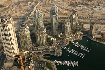 Aerial view of skyscrapers from high angle.