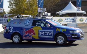 A Volkswagen Passat, modified and robotized by a team from Stanford University, competes in the DARPA Urban Challenge in 2007.