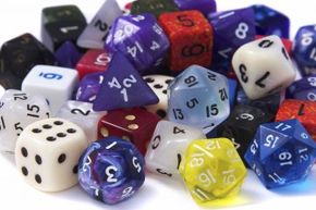 The spectrum of dice: d4s, d6s, d8s, d10s and d20s.