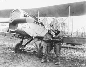 A de Havilland DH-4 that arrived in the United States in August 1917 became the prototype for DH-4s to be manufactured in the U.S. for use by American fliers such as the men seen here. See more classic airplane pictures.